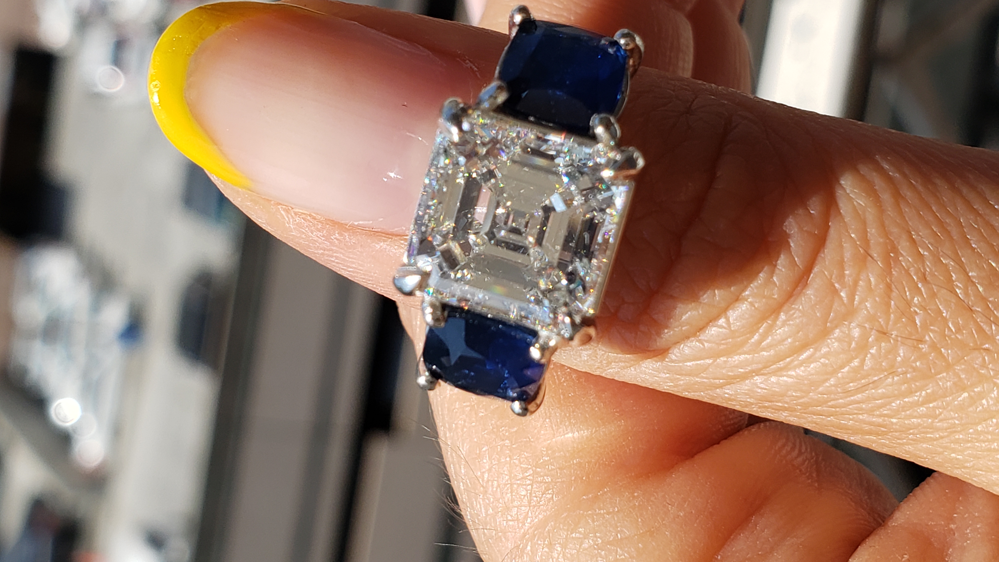 Asscher Cut Diamond Ring with Sapphire Side Stones